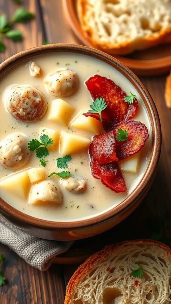 A hearty bowl of clam chowder with bacon and parsley, served with bread on a wooden table.